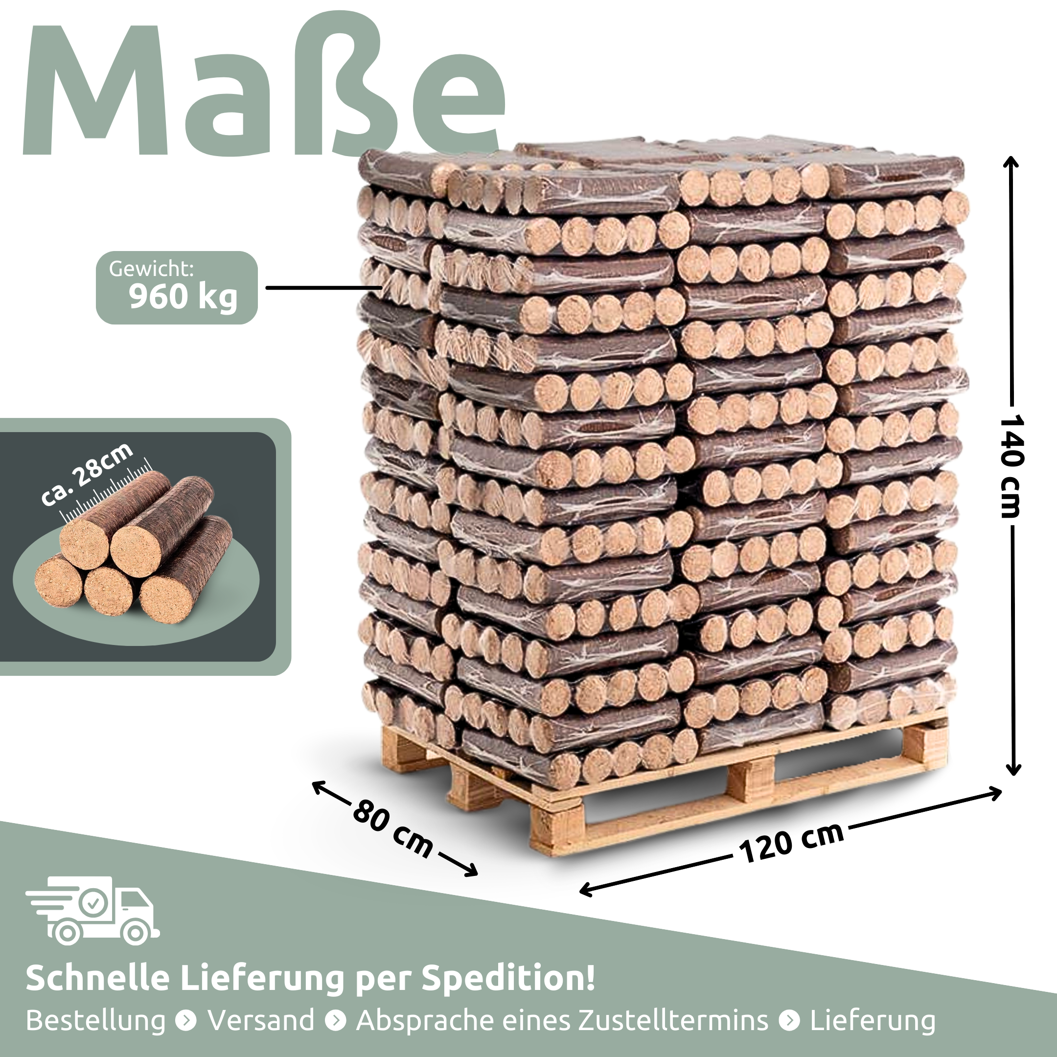 Hartholz‑Eichenbriketts / Holzbriketts – 960 kg pro Palette