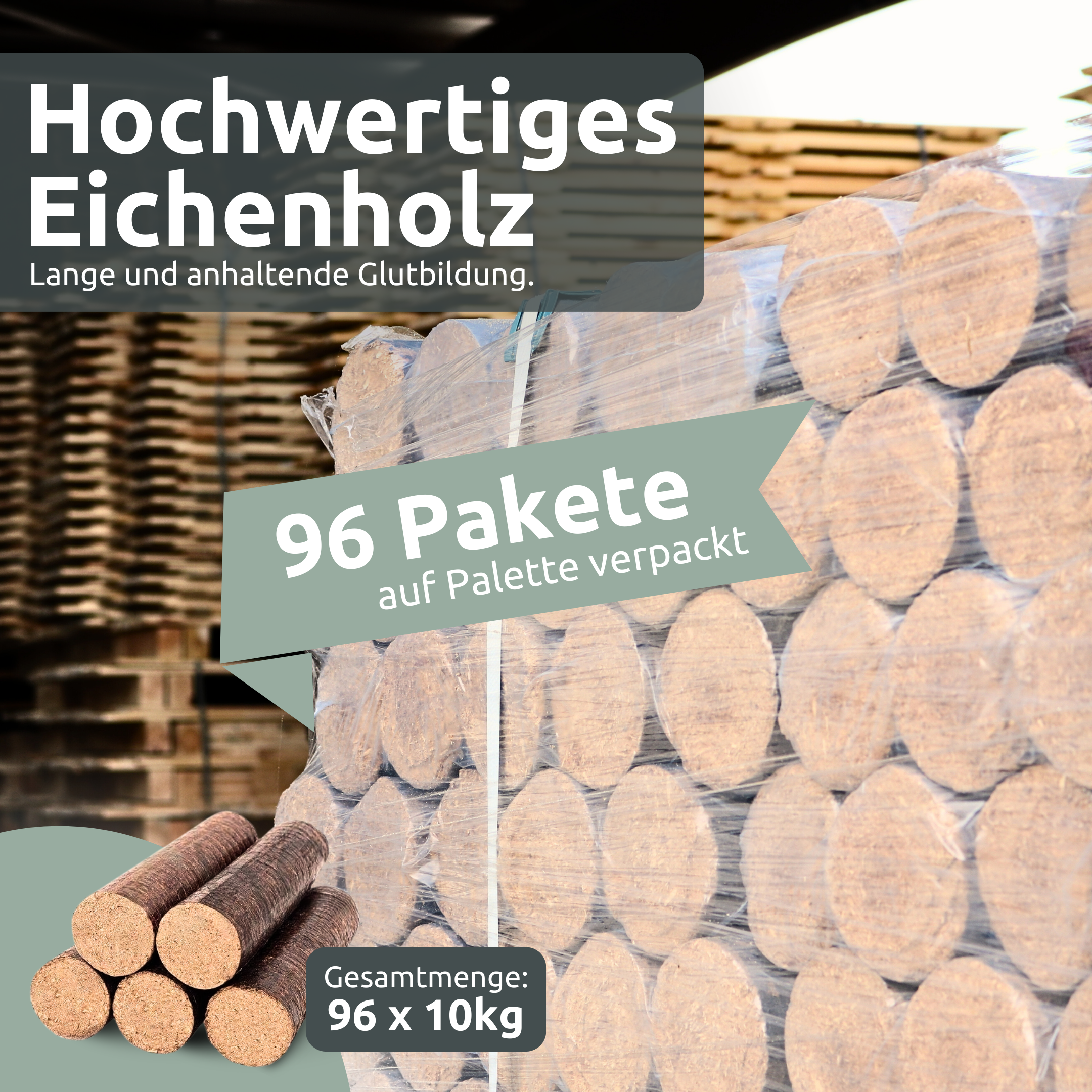 Hartholz‑Eichenbriketts / Holzbriketts – 960 kg pro Palette