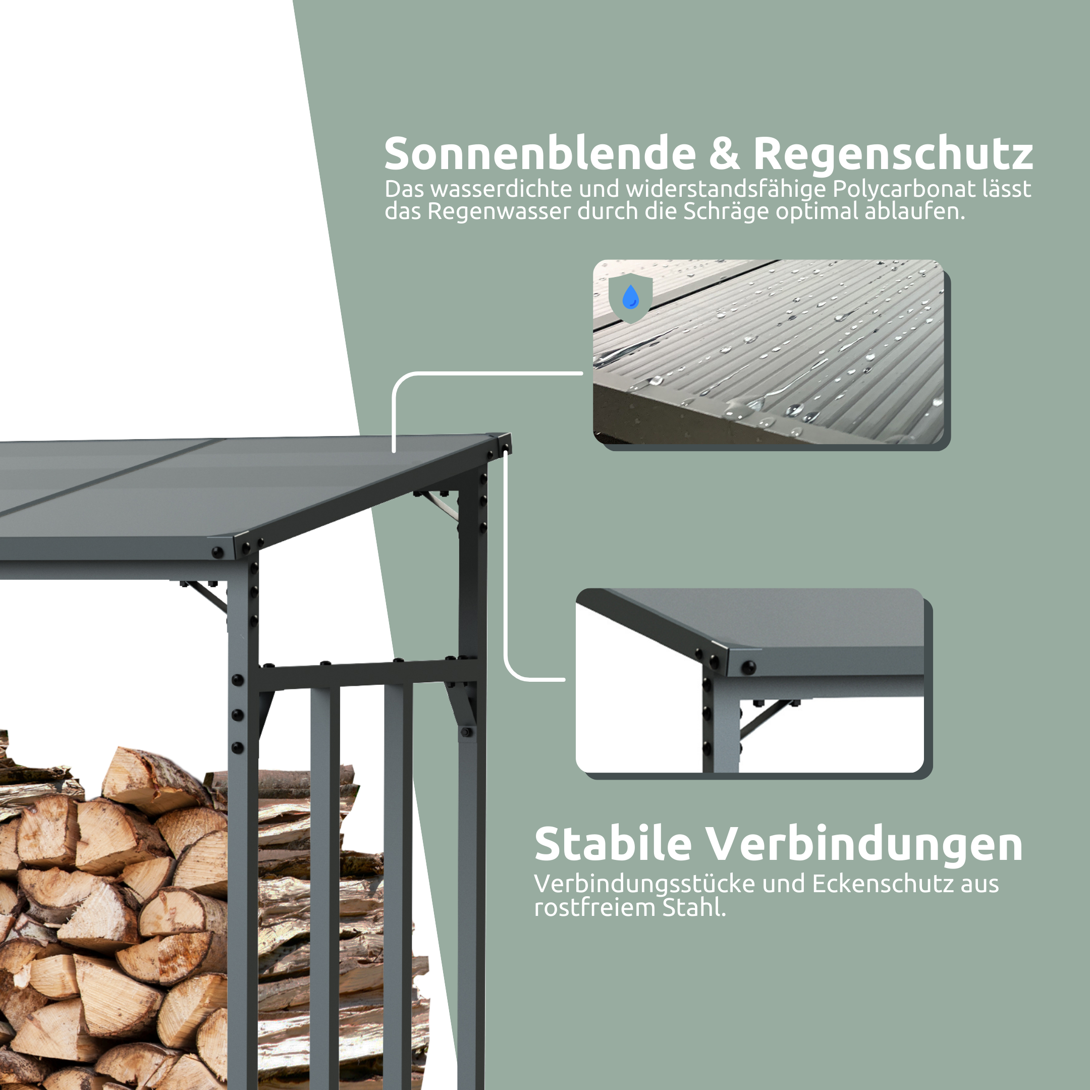 Brennholzunterstand Metall mit Wetterschutz in 3 Größen