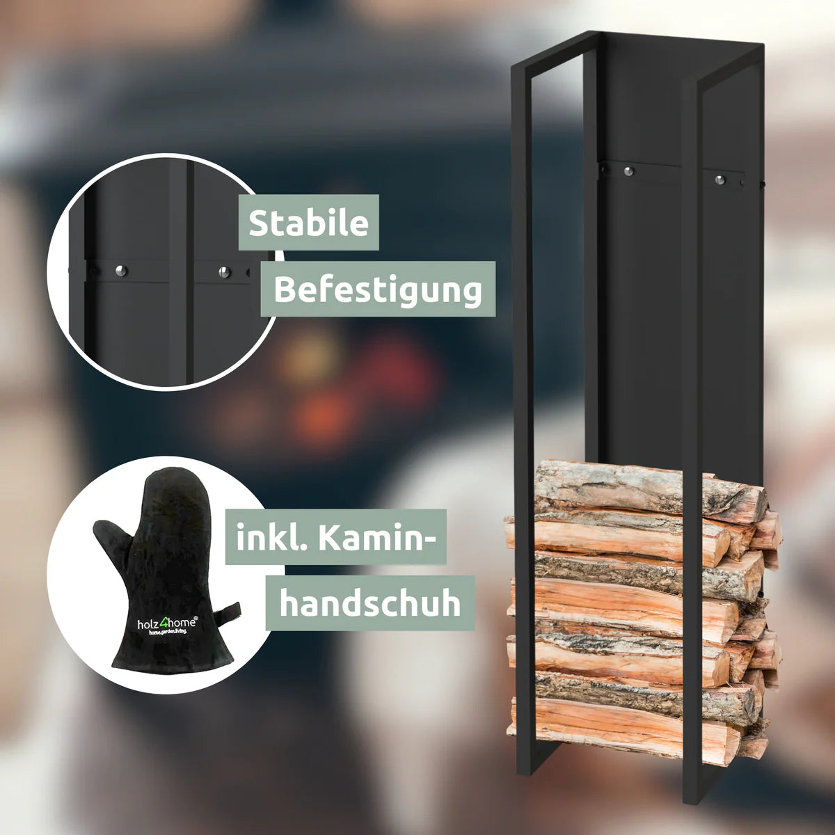 Kaminholzregal 100 × 25 × 25 cm aus Metall Schwarz inkl. Ofenhandschuh
