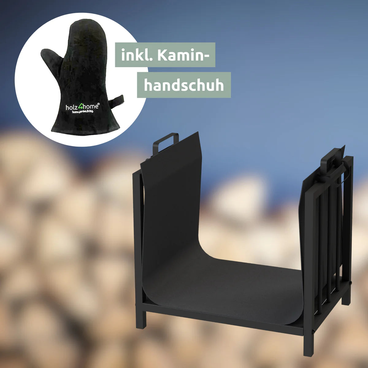 Kaminholzregal mit Holztragetasche Schwarz inkl. Ofenhandschuh