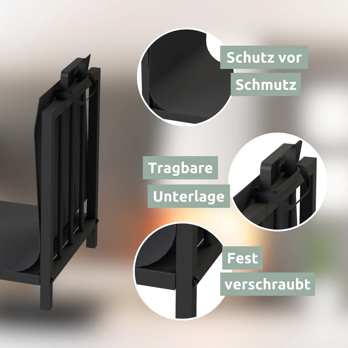 Kaminholzregal mit Holztragetasche Schwarz inkl. Ofenhandschuh