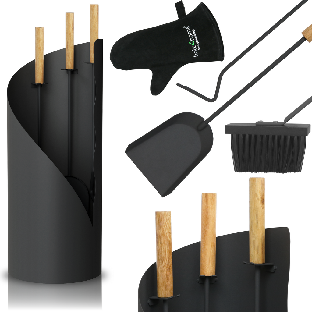 Kaminbesteck 3-tlg. Grauschwarz mit Holzgriff inkl. Ofenhandschuh