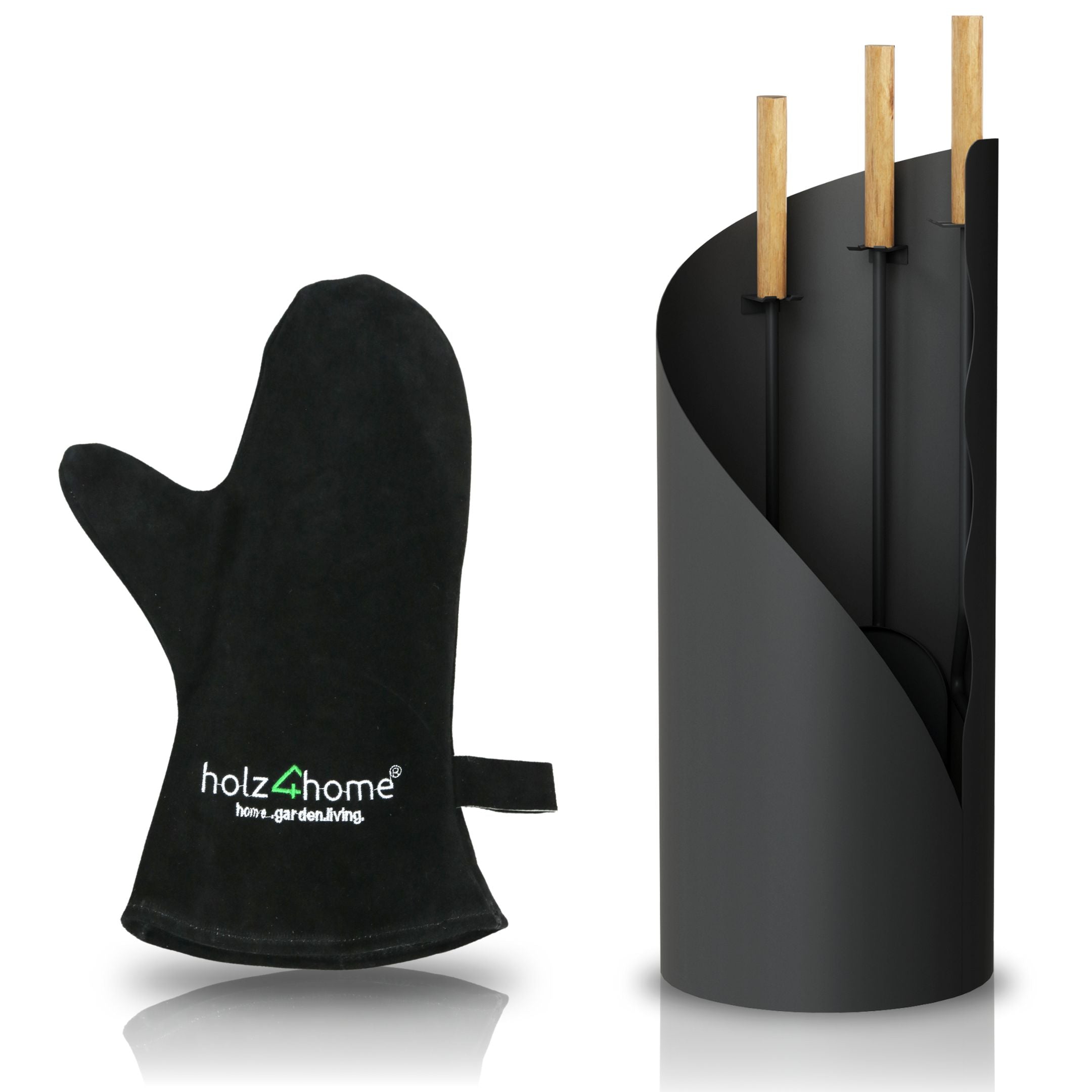 Kaminbesteck 3-tlg. Grauschwarz mit Holzgriff inkl. Ofenhandschuh