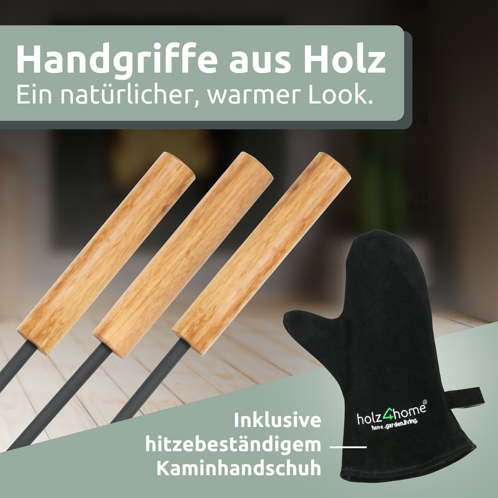 Kaminbesteck 3-tlg. Grauschwarz mit Holzgriff inkl. Ofenhandschuh