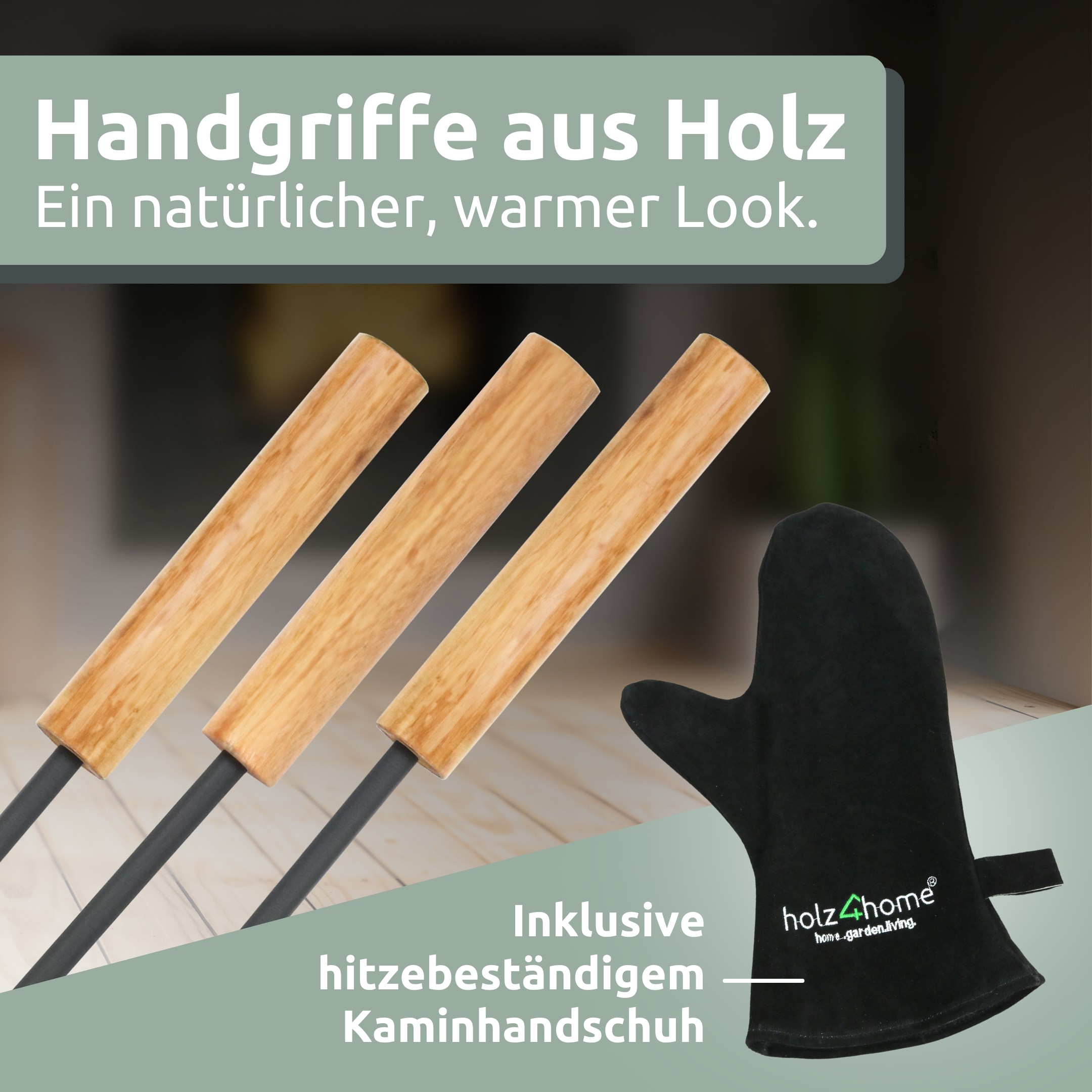 Kaminbesteck 3-tlg. Grauschwarz mit Holzgriff inkl. Ofenhandschuh