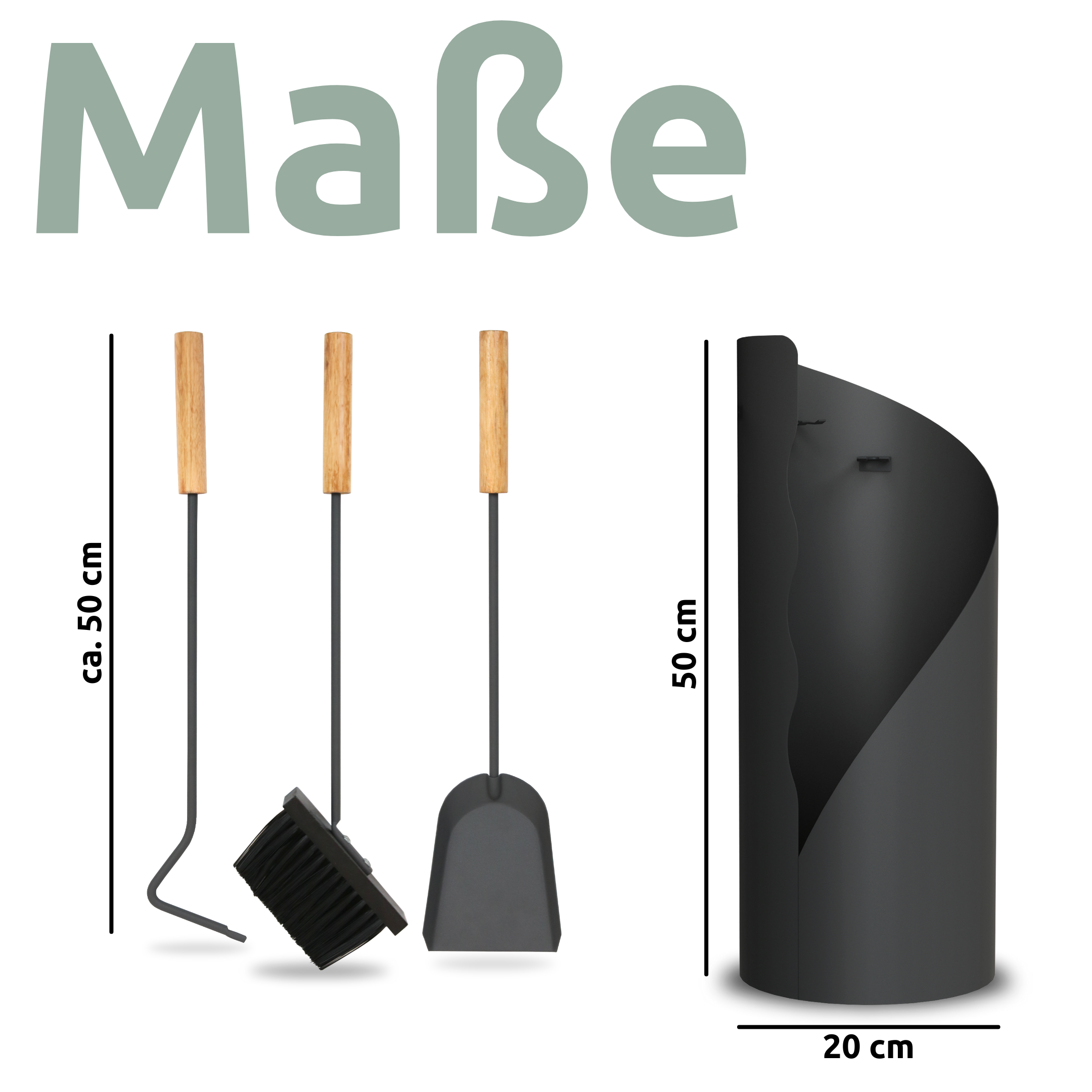 Kaminbesteck 3-tlg. Grauschwarz mit Holzgriff inkl. Ofenhandschuh