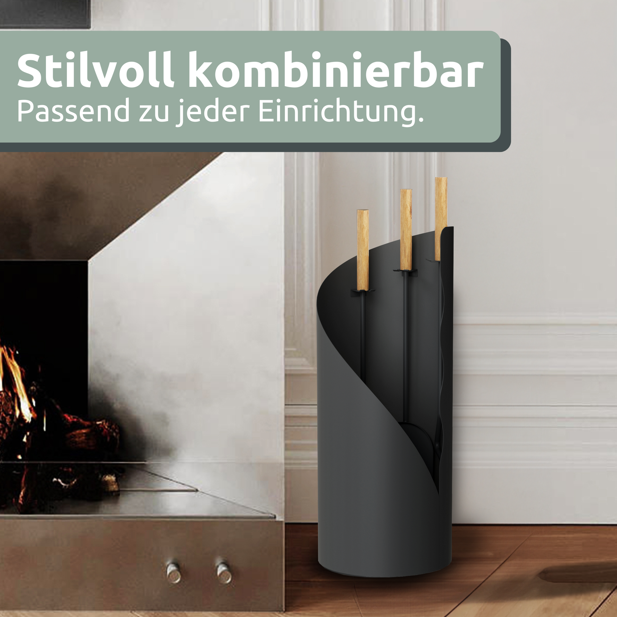 Kaminbesteck 3-tlg. Grauschwarz mit Holzgriff inkl. Ofenhandschuh