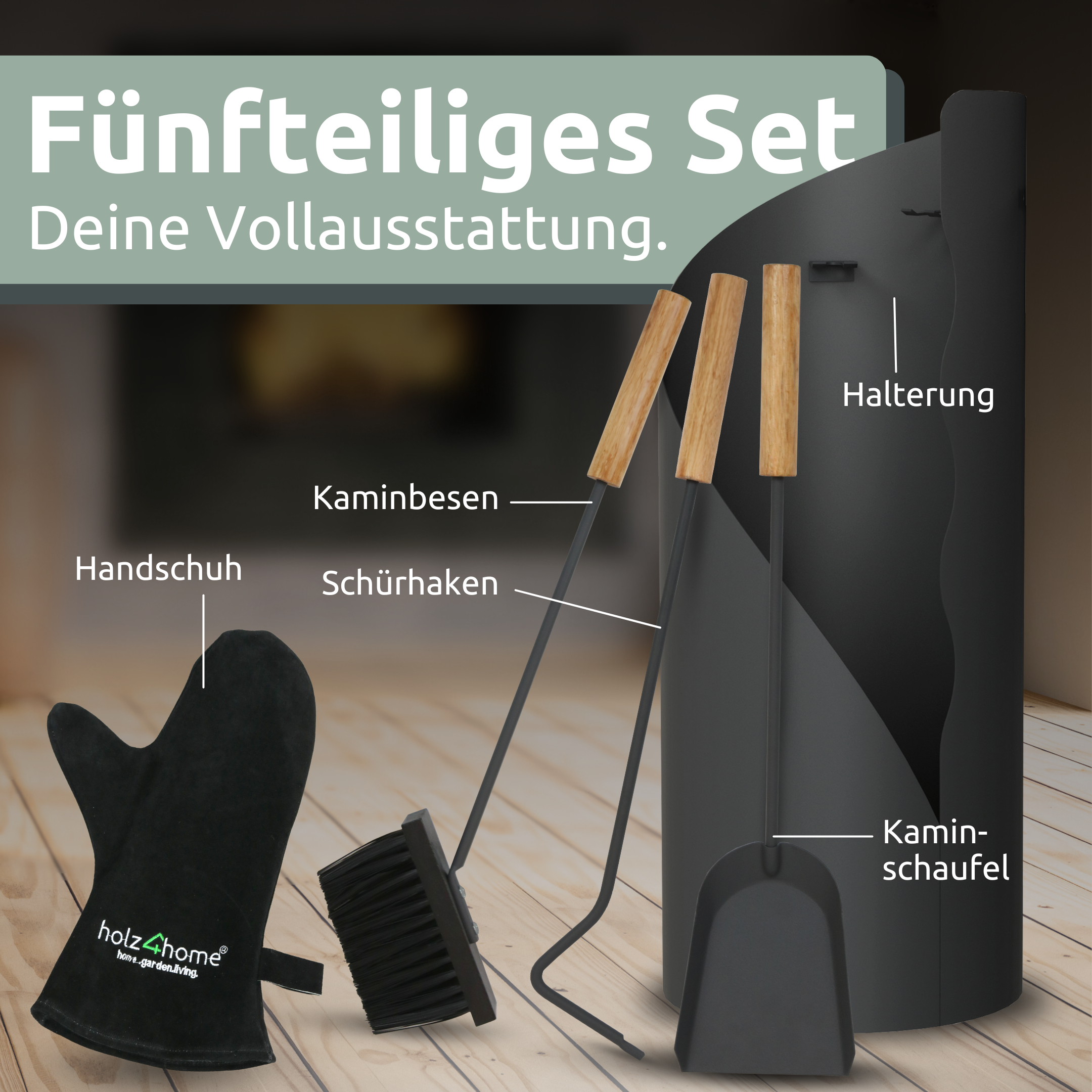 Kaminbesteck 3-tlg. Grauschwarz mit Holzgriff inkl. Ofenhandschuh