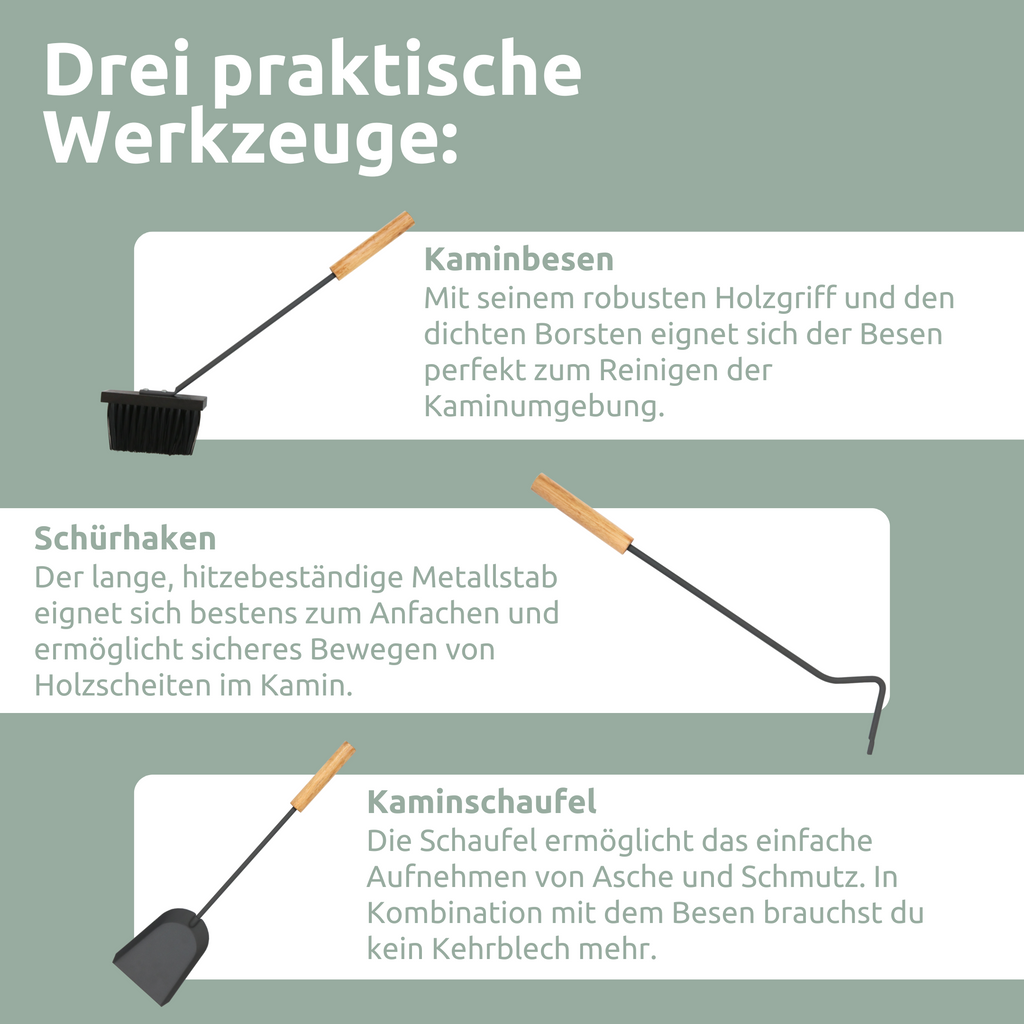 Kaminbesteck 3-tlg. Grauschwarz mit Holzgriff inkl. Ofenhandschuh