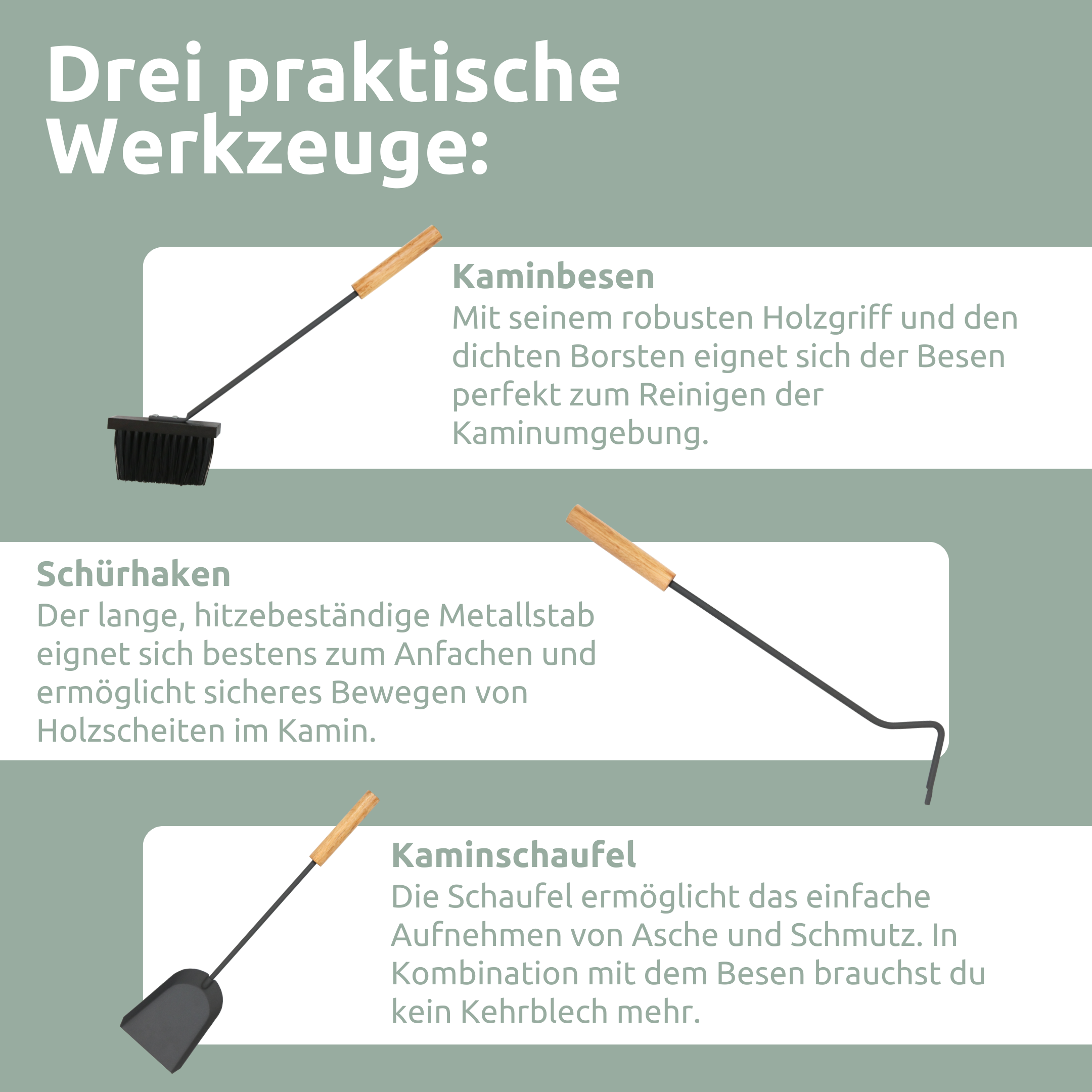 Kaminbesteck 3-tlg. Grauschwarz mit Holzgriff inkl. Ofenhandschuh