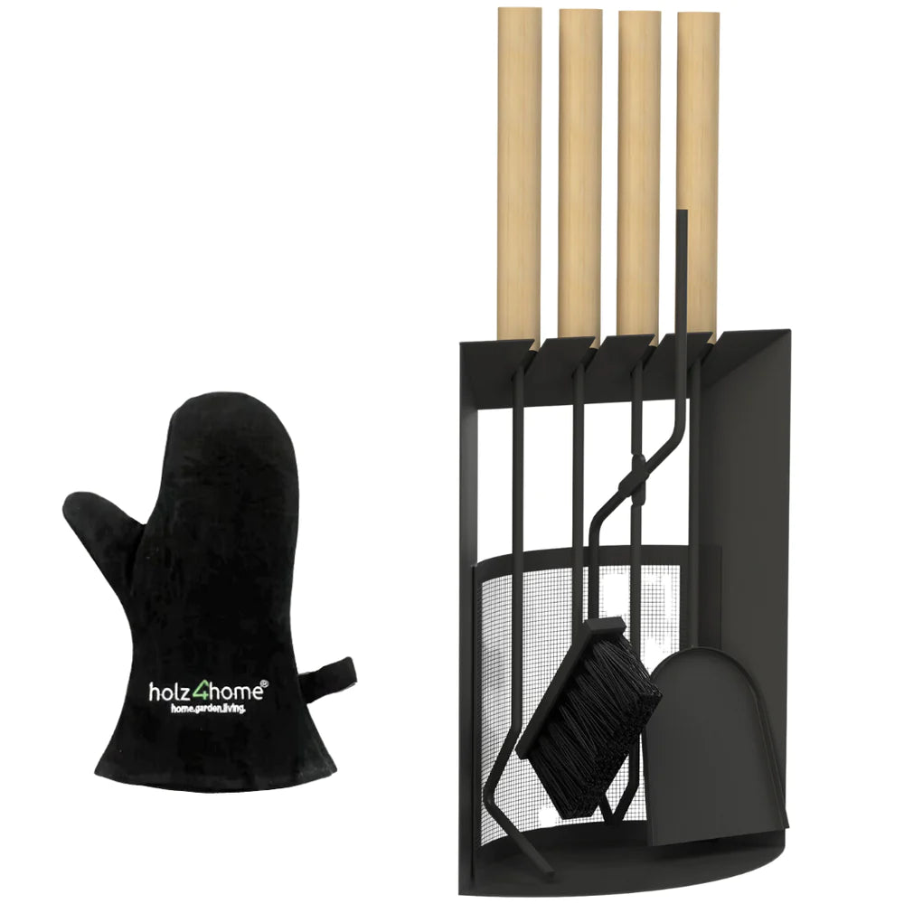 Kaminbesteck 4-tlg. Schwarz mit Holzgriff inkl. Ofenhandschuh