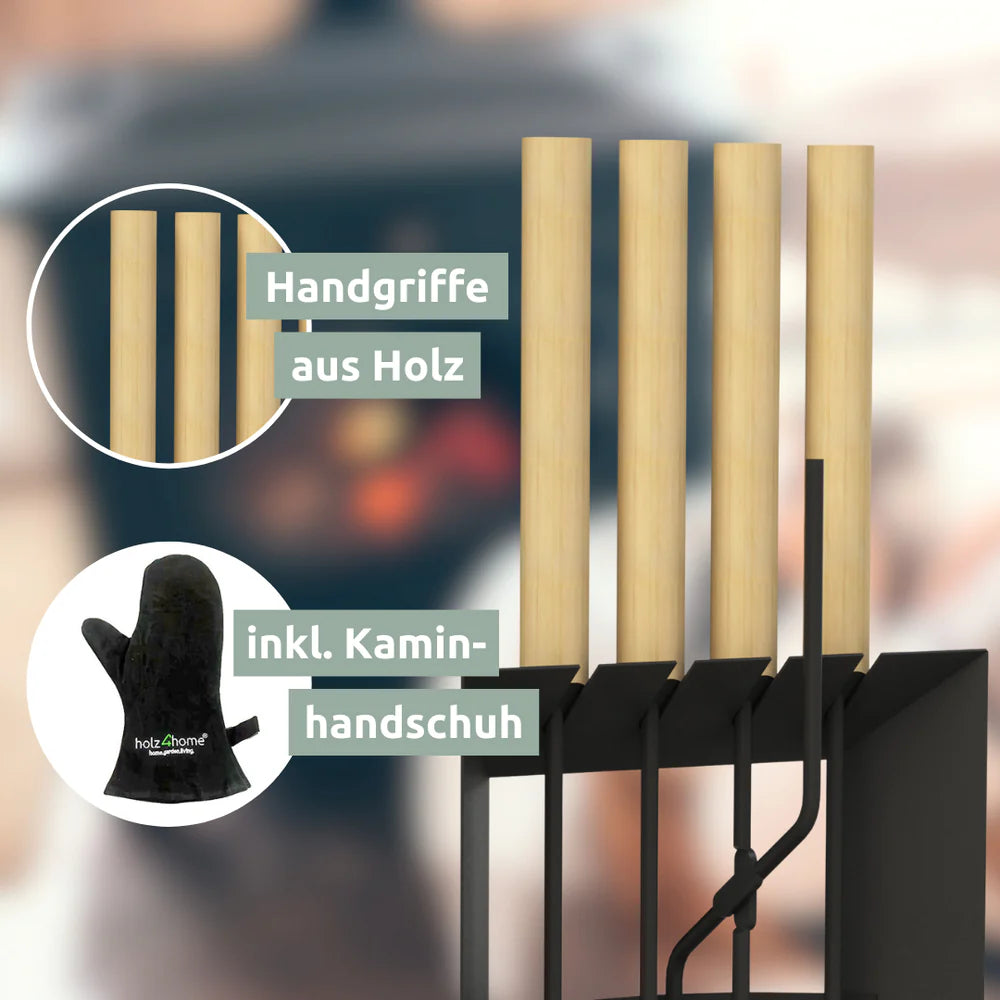 Kaminbesteck 4-tlg. Schwarz mit Holzgriff inkl. Ofenhandschuh