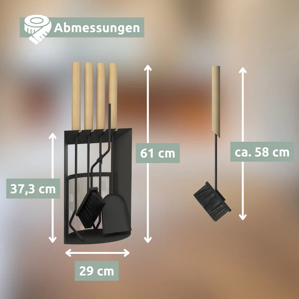 Kaminbesteck 4-tlg. Schwarz mit Holzgriff inkl. Ofenhandschuh