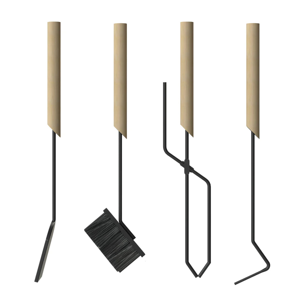 Kaminbesteck 4-tlg. Schwarz mit Holzgriff inkl. Ofenhandschuh