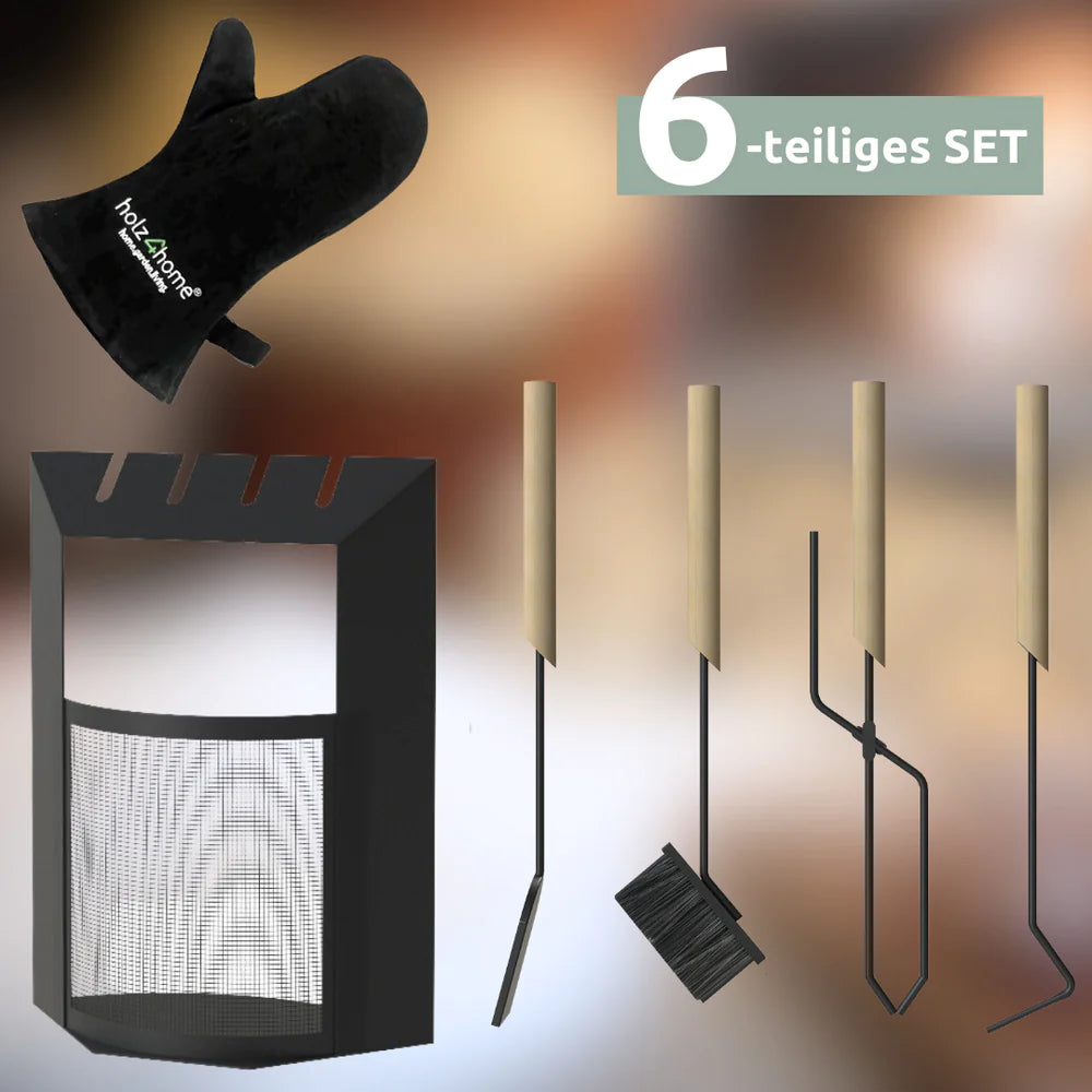 Kaminbesteck 4-tlg. Schwarz mit Holzgriff inkl. Ofenhandschuh