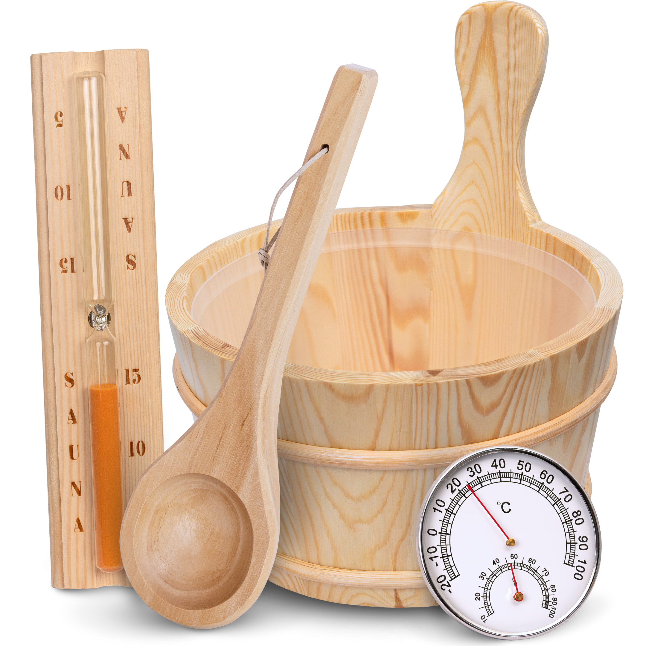 Saunazubehör-Set mit Eimer, Kelle, Sanduhr und Thermo-Hygrometer