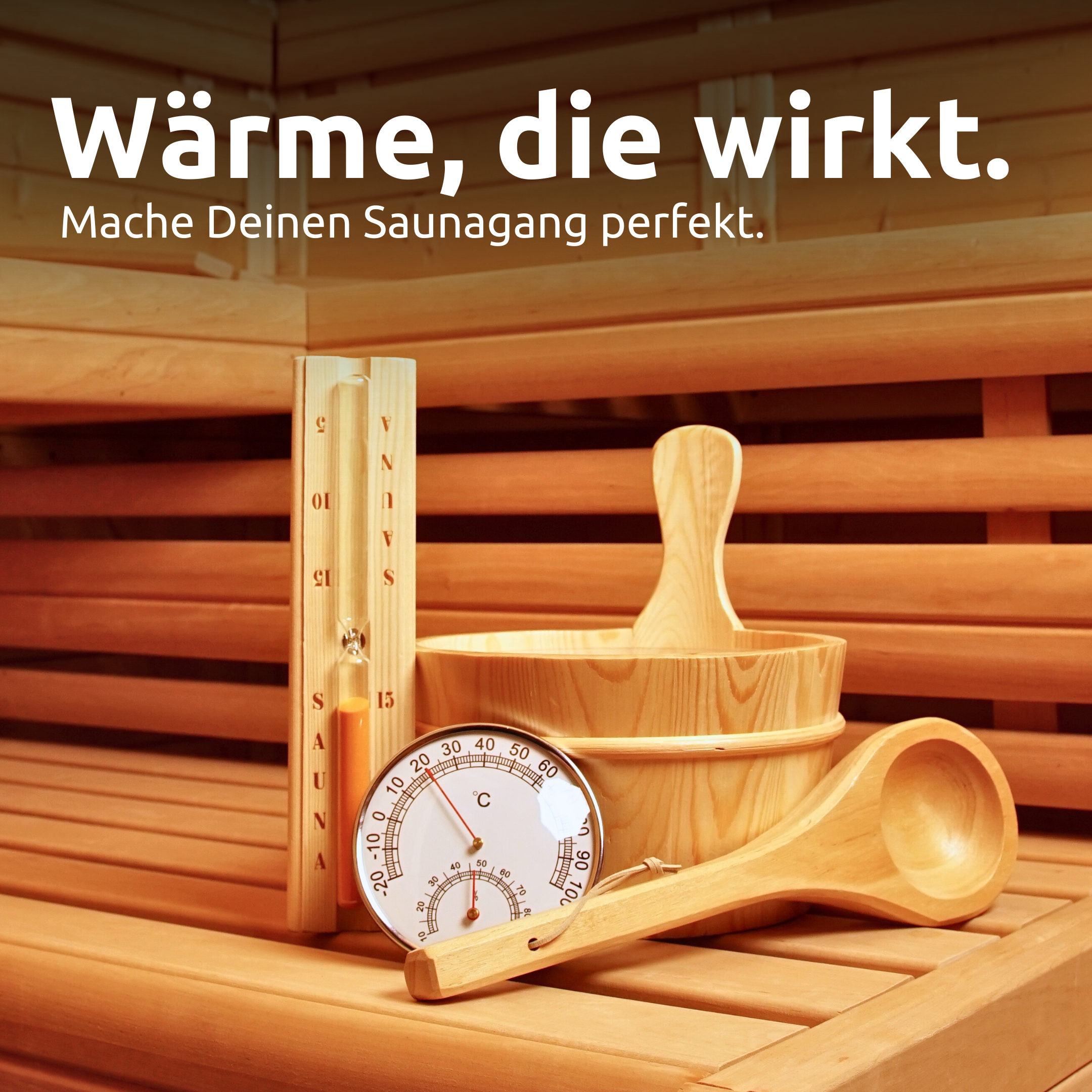 Saunazubehör-Set mit Eimer, Kelle, Sanduhr und Thermo-Hygrometer
